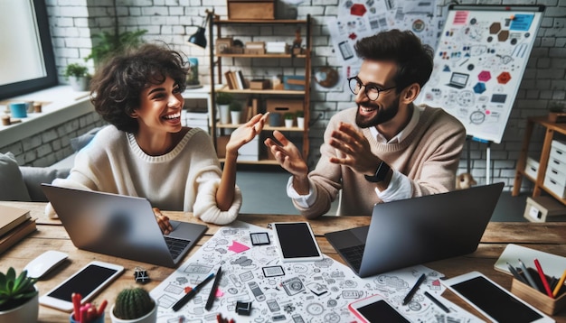 Foto foto aproximada de dois entusiastas de startups, uma mulher com cabelo curto e encaracolado e um homem de óculos discutindo ideias energicamente