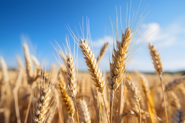 Foto aproximada de espigas de trigo dourado Campo com trigo Negócio de grãos Boa colheita de trigo