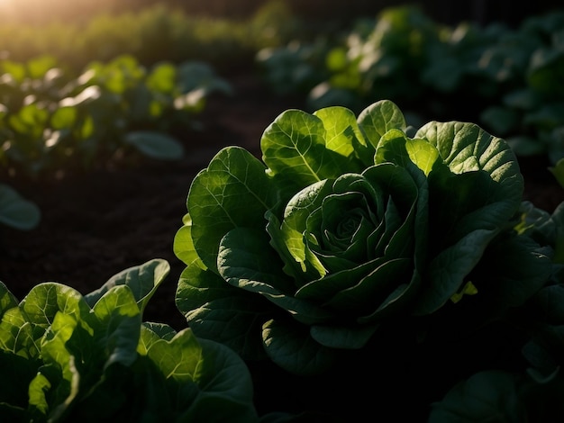 foto aproximada de horta orgânica de alface em uma paisagem rural com campos iluminados pelo sol ai gerar