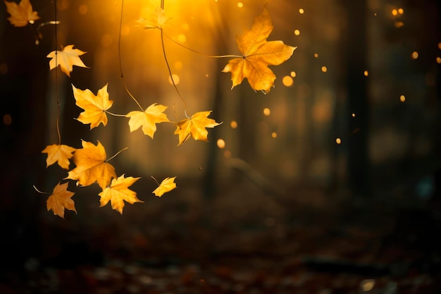 foto aproximada de incríveis folhas de bordo douradas caindo no fundo da floresta