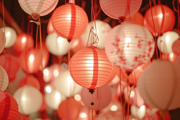 Foto foto aproximada de lanternas de papel fundo de lanternas orientais tradicionais rosa e brancas
