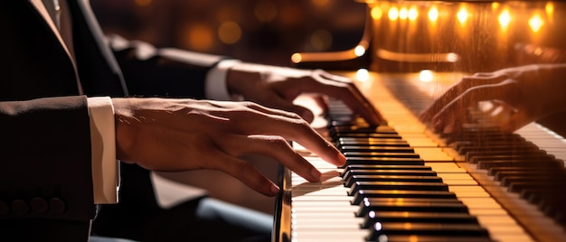 foto aproximada de mãos masculinas tocando piano graciosamente