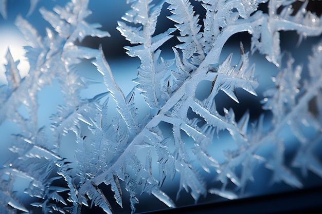 Foto aproximada de padrões de geada se formando em uma obra de arte de inverno da natureza no painel de uma janela