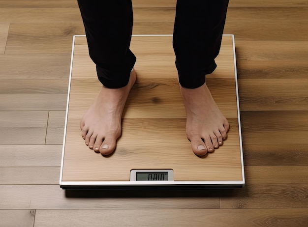 Foto aproximada de pernas de mulher pisando em balanças de chão dentro de casa espaço para texto Problema de excesso de peso