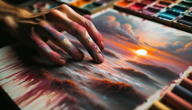 Foto aproximada de um artista imerso na pintura de uma cena do pôr do sol