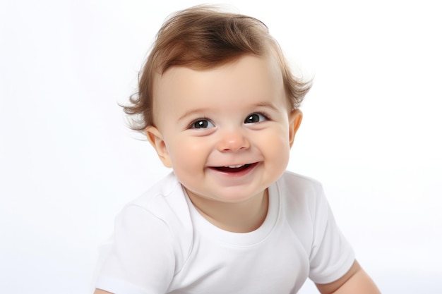 Foto aproximada de um bebê bonitinho, um sorriso e uma risada isolados no fundo branco