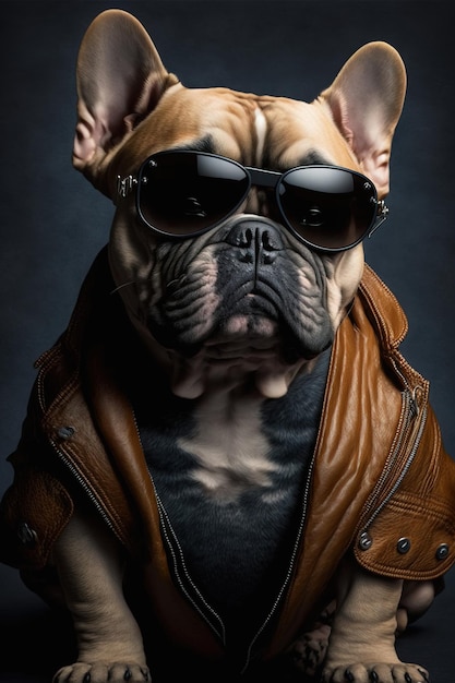 foto aproximada de um cachorro fofo e sorridente usando óculos e roupas glamorosas generativas AI