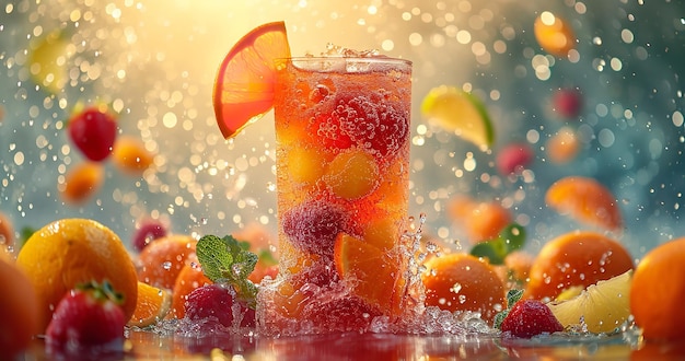 Foto aproximada de um copo de suco de coquetel de frutas com muitas frutas ao seu redor, com um espaço de cópia representando um refresco de verão IA generativa