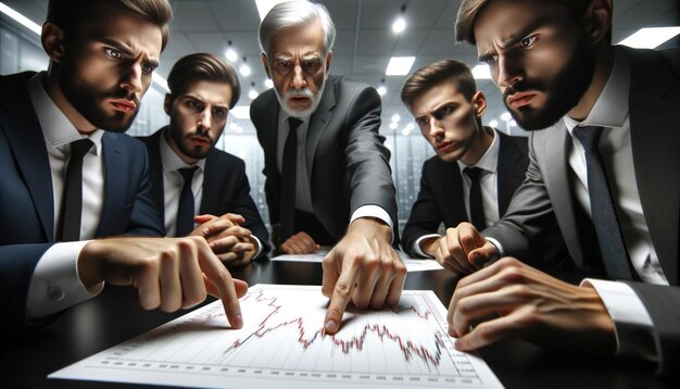 Foto aproximada de um grupo de analistas caucasianos em uma reunião de alta pressão