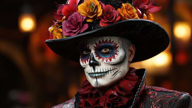 Foto aproximada de um homem com traje tradicional do Dia dos Mortos e maquiagem do Dia de Muertos