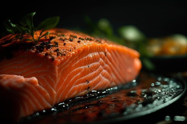 Foto aproximada de um prato de salmão recém-cozido