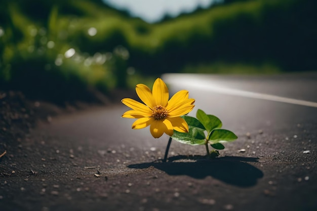 Foto foto aproximada de uma flor crescendo em uma estrada