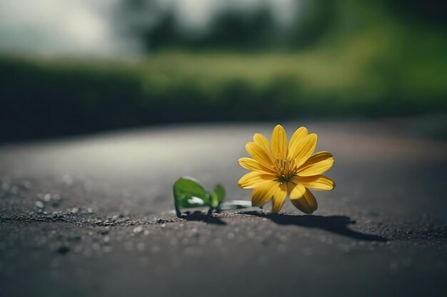 foto aproximada de uma flor crescendo em uma estrada