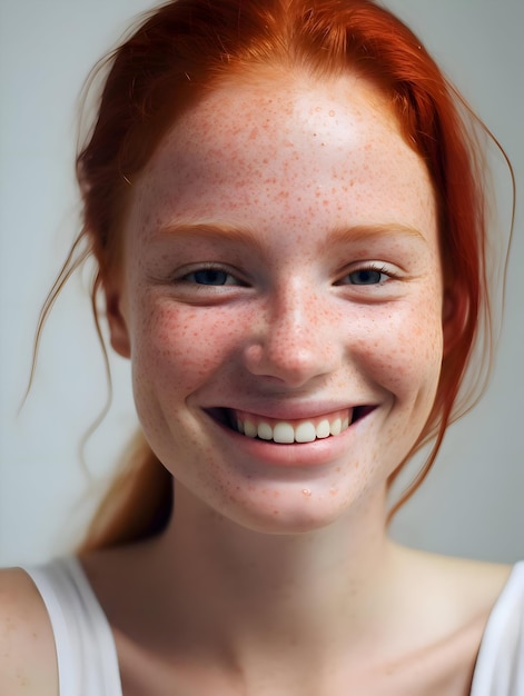 Foto aproximada de uma jovem ruiva sorridente de alta qualidade