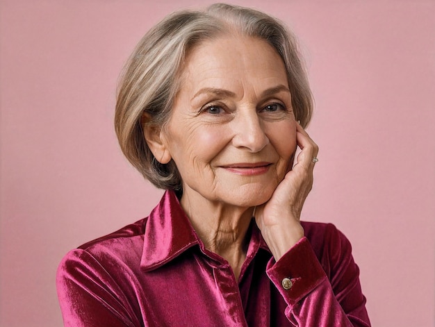 Foto aproximada de uma mulher feliz e sorridente de 65 anos de idade com cabelos lisos vestindo blusa de veludo