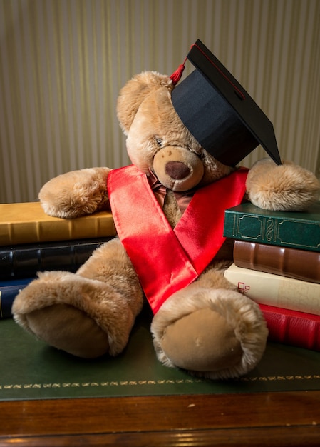 Foto aproximada de ursinho de pelúcia marrom com boné de formatura apoiado em livros