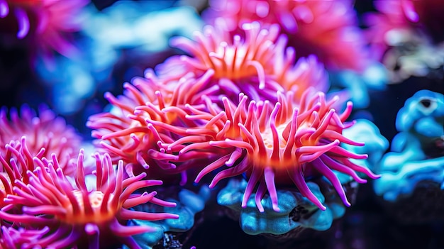 Foto aproximada do fundo do recife de coral Recifes de corais neon brilhantes, anêmonas marinhas e plantas marinhas