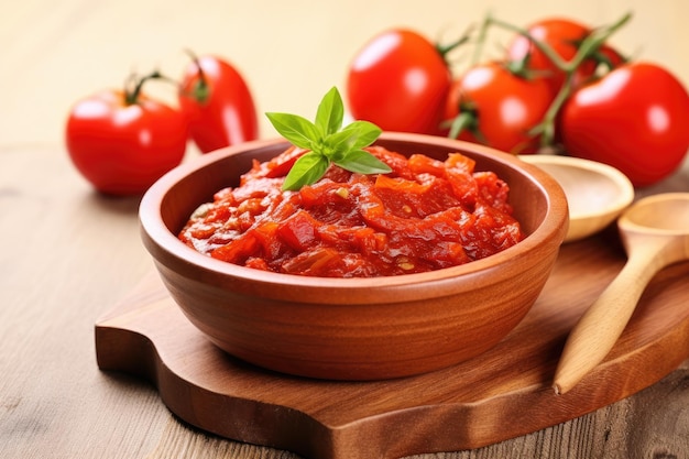 Foto aproximada do molho de arrabbiata vegano servido em uma tigela de madeira feita com tomate, alho e seco