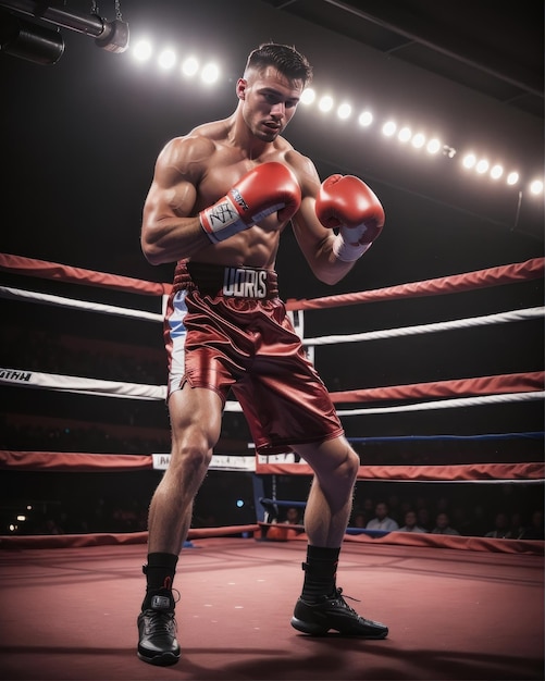 Foto de un apuesto boxeador con guantes en el ring de boxeo