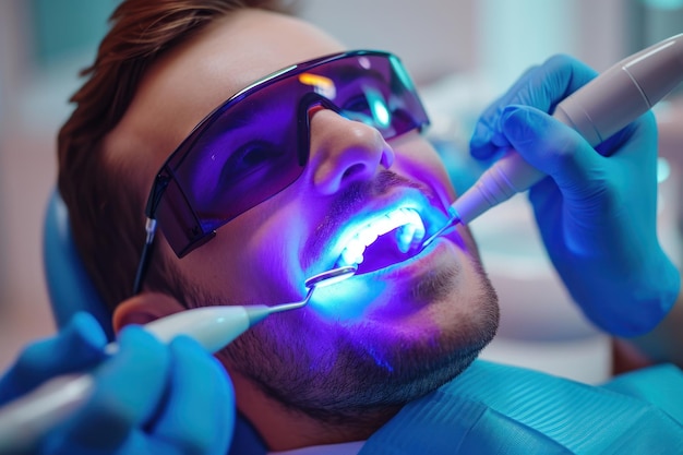 Foto una foto de un apuesto hombre adulto cliente paciente en el dentista ai generativo