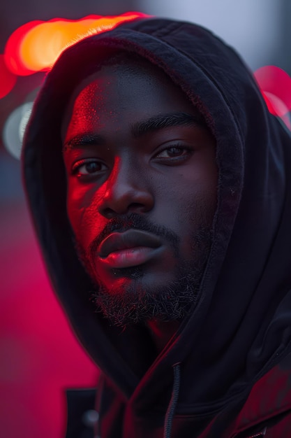 Foto una foto de un apuesto hombre negro con una sudadera negra con capucha y cabello zumbido luces de neón rojas