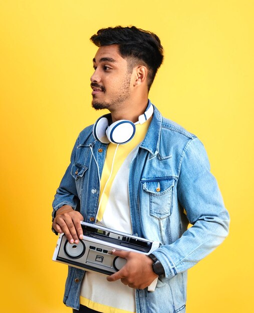 foto Apuesto joven con chaqueta de jeans sosteniendo boombox sobre fondo amarillo