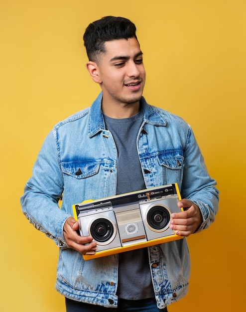 foto Apuesto joven con chaqueta de jeans sosteniendo boombox sobre fondo amarillo