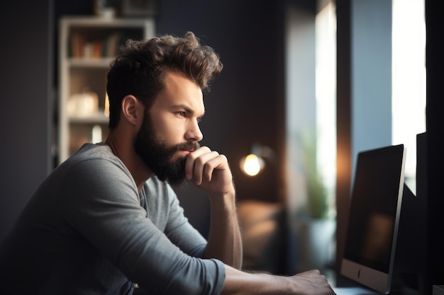 Foto de un apuesto joven sentado solo en casa y usando internet creado con ai generativo