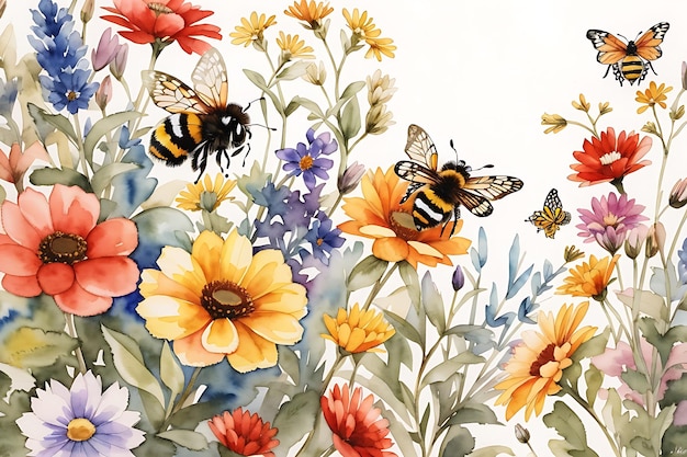 Foto aquarela borda sem costura com flores silvestres abelhas borboletas e insetos
