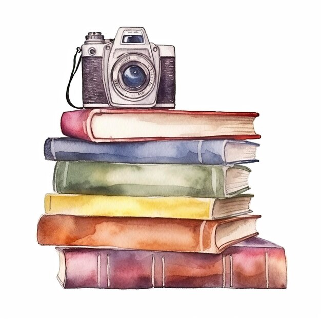 Foto-Aquarell eines Buches und einer Kamera auf weißem Hintergrund