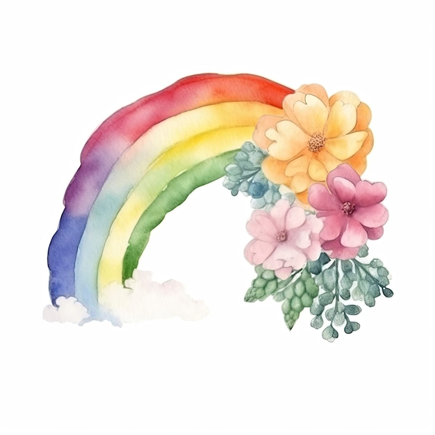 Foto-Aquarell eines Regenbogens mit Blumen auf weißem Hintergrund