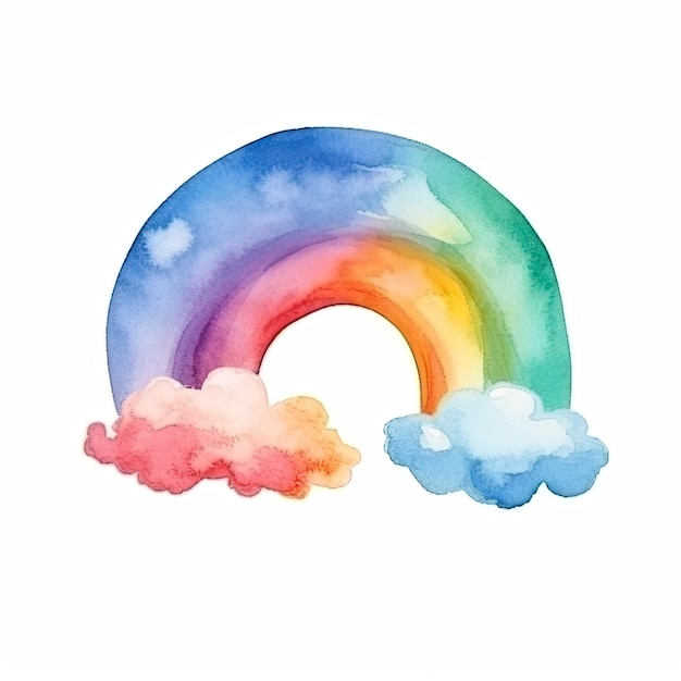 Foto-Aquarell eines Regenbogens mit Wolken auf weißem Hintergrund