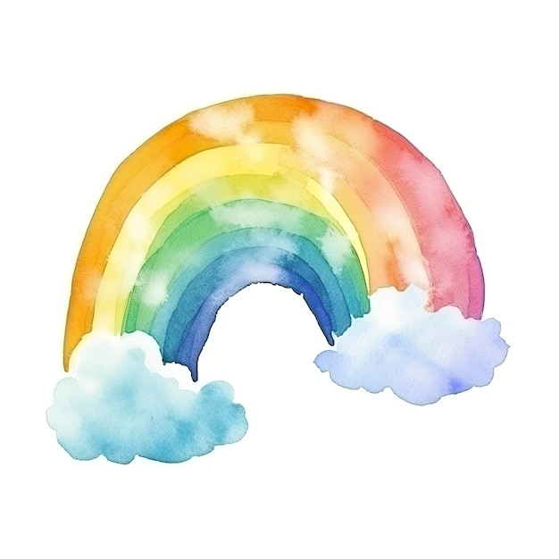 Foto-Aquarell eines Regenbogens mit Wolken auf weißem Hintergrund
