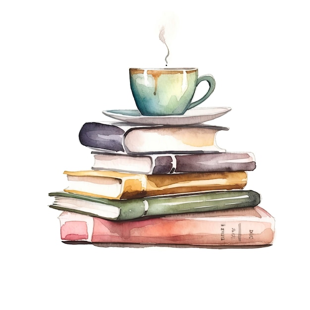 Foto-Aquarell von Büchern und Kaffee auf weißem Hintergrund