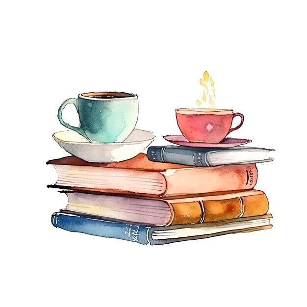 Foto-Aquarell von Büchern und Kaffee auf weißem Hintergrund