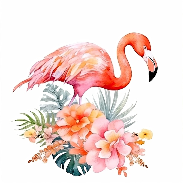 Foto-Aquarellmalerei eines Flamingos mit tropischen Blumen