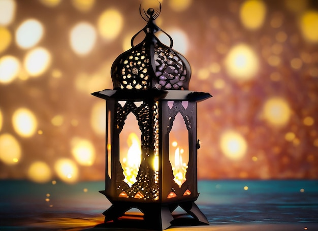 Foto arabische Laterne mit brennender Kerze und Bokeh-Lichtern im Hintergrund Ramadan