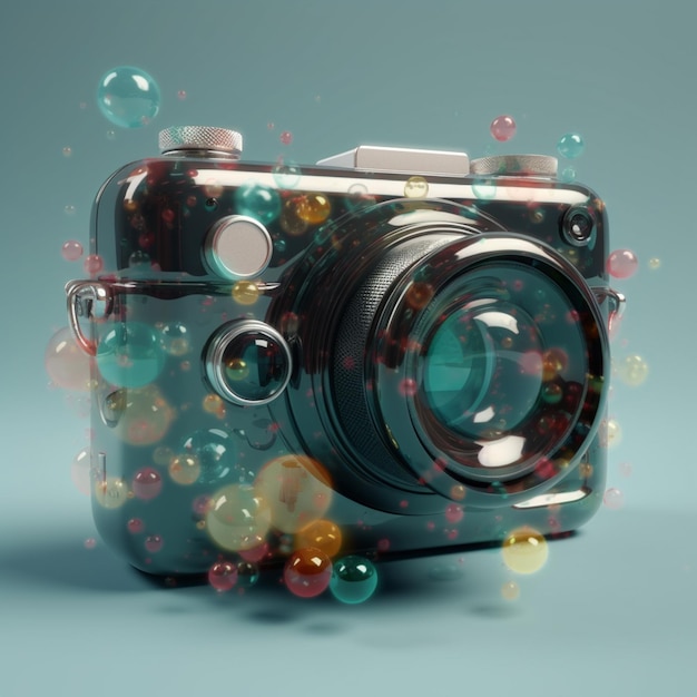 Foto arafeada de una cámara digital con burbujas saliendo de ella. Ai generativa.