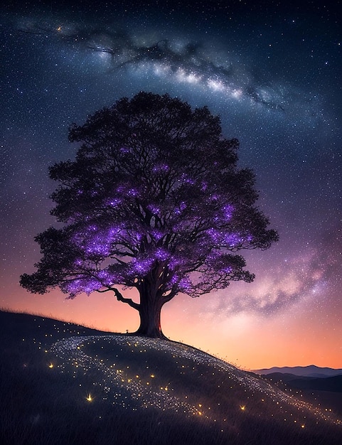 Foto de árbol en 3D contra un cielo nocturno con luna generada por IA