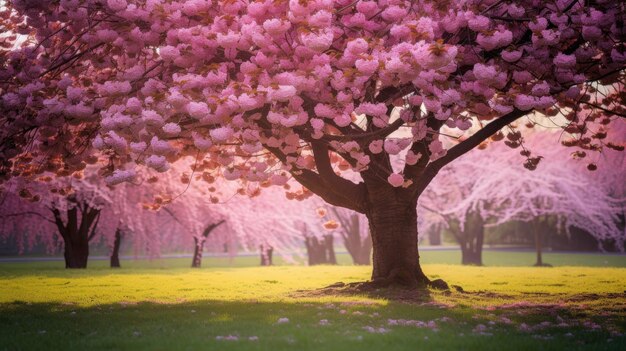 Foto una foto de un árbol de cerezas en flor y hierba verde