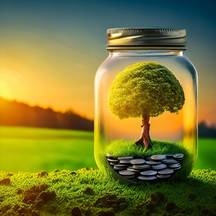Foto un árbol crece en una moneda en un frasco de vidrio con una puesta de sol en el fondo verde de la naturaleza