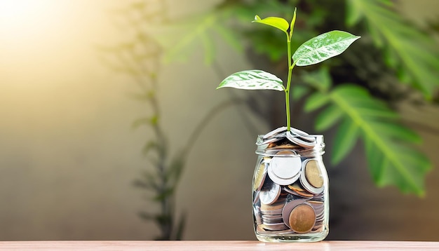 Foto de un árbol que crece en una moneda en un frasco de vidrio con espacio de copia