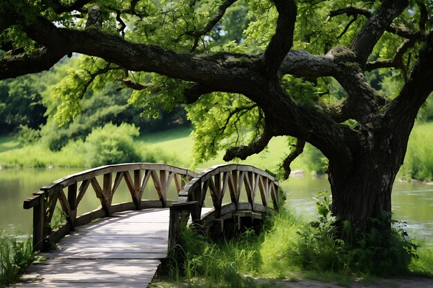 Foto foto de un árbol de roble con un puente de madera