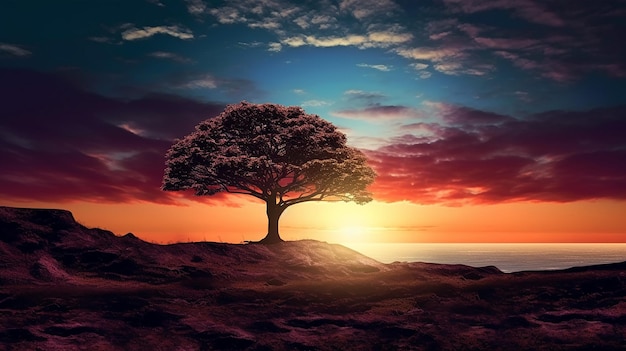 Foto de un árbol solo en el paisaje natural de la noche