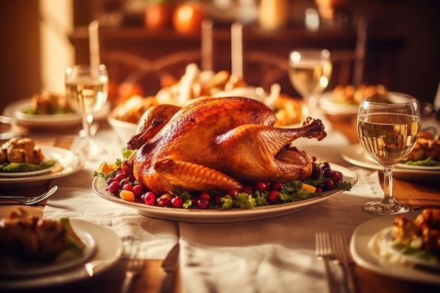 Foto de archivo de un pavo de Acción de Gracias en una mesa de cena