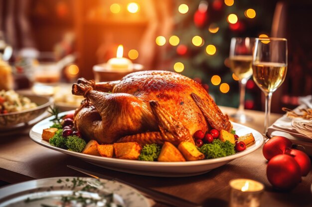 Foto de archivo de un pavo de Acción de Gracias en una mesa de cena