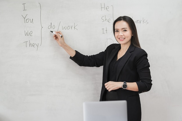 Foto de archivo retrato de una profesora asiática alegre confiada en un uniforme de traje negro con una tableta digital y una computadora portátil para enseñar el idioma moderno en el aula