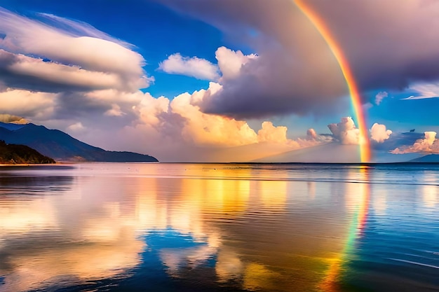 Foto foto del arco iris sobre el mar cerca de las montañas nevadas