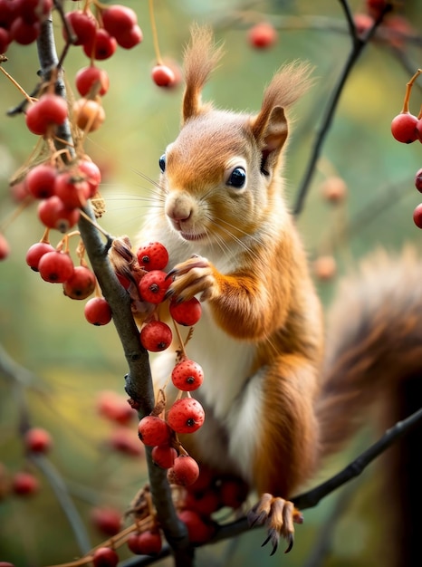 Foto de una ardilla comiendo nueces en un árbol