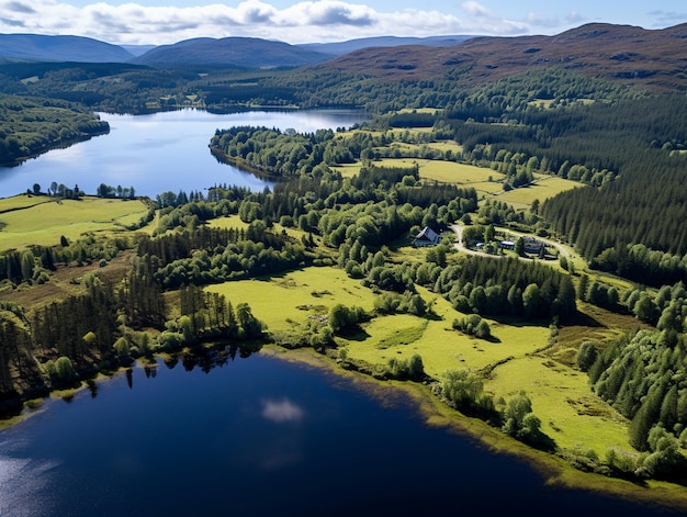 Foto de área con un exuberante bosque maduro un sereno lago que refleja el cielo Highland Escocia